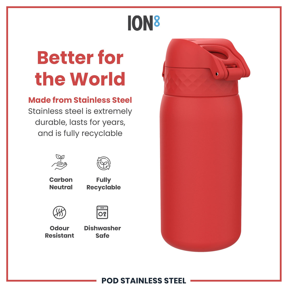A red, stainless steel water bottle sits against a white background; it is described as durable, recyclable, odour resistant, and dishwasher safe.