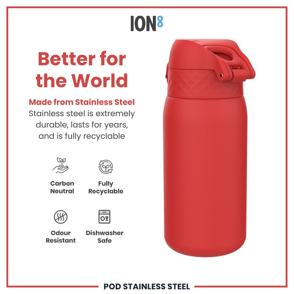 A red, stainless steel water bottle sits against a white background; it is described as durable, recyclable, odour resistant, and dishwasher safe.