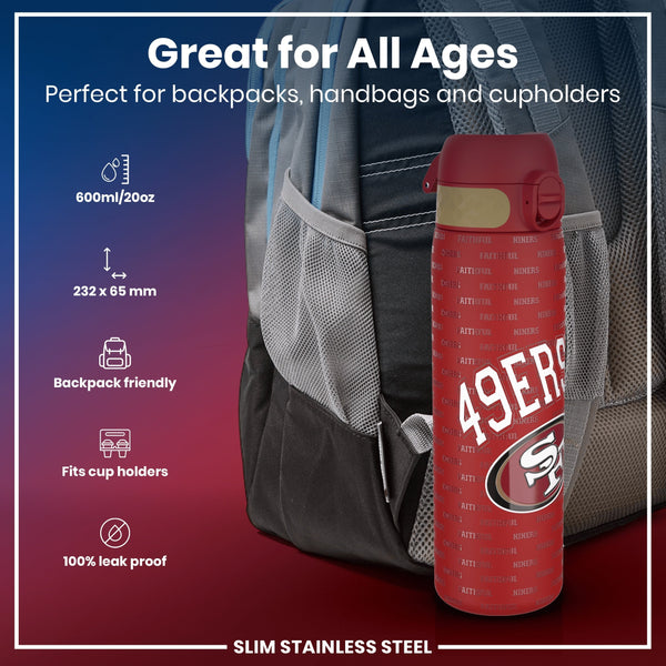 A red, 600ml/20oz, slim stainless steel water bottle with "49ers" and "Faithful" printed on it sits in a backpack's mesh pocket. It's backpack and cupholder friendly, and 100% leak proof.