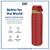A red and beige stainless steel water bottle, standing upright, displays the words 