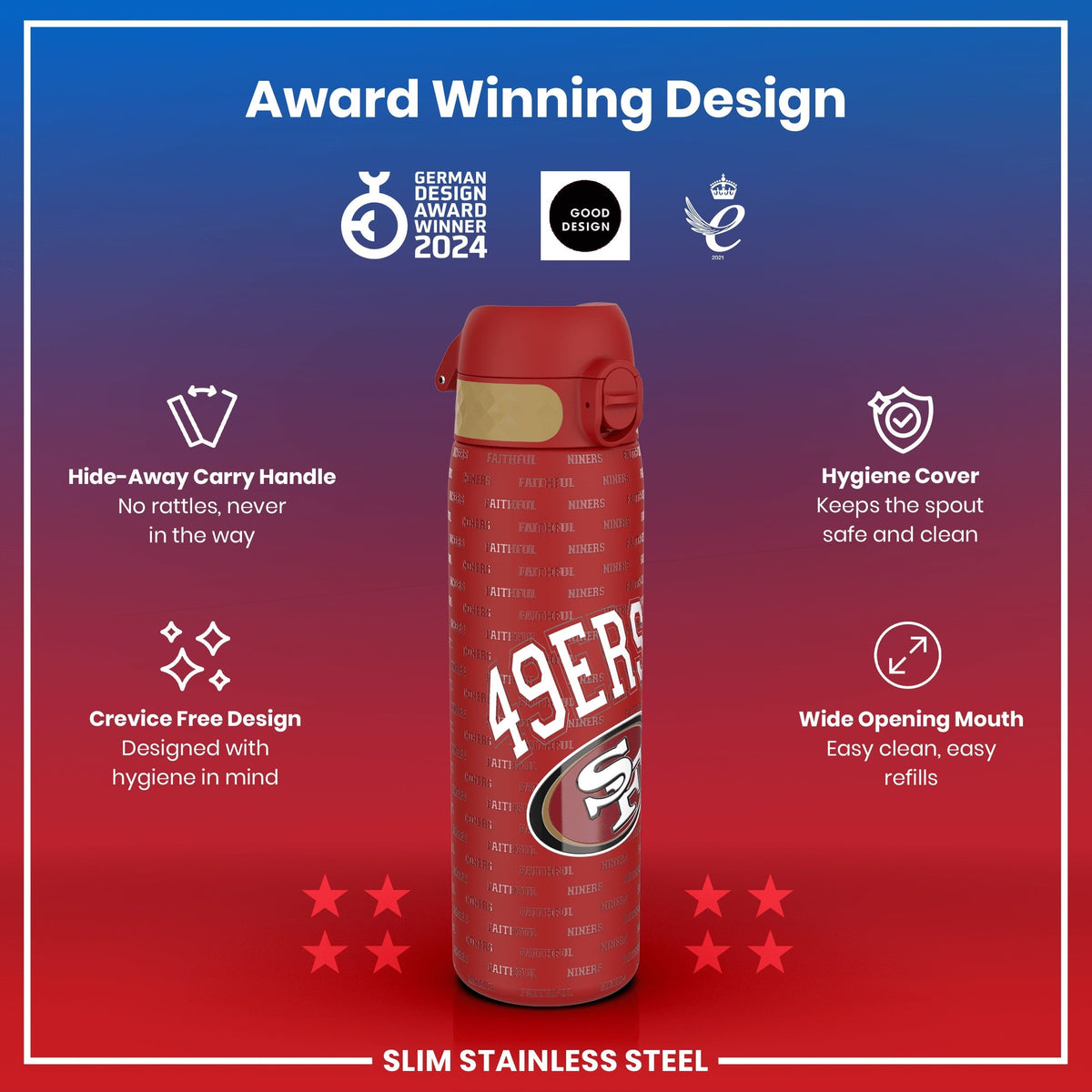 A red, stainless steel water bottle, displaying the San Francisco 49ers logo, sits against a gradient background. It features a hide-away handle, crevice-free design, hygiene cover, and a wide mouth. Award logos are displayed.