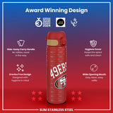 A red, stainless steel water bottle, displaying the San Francisco 49ers logo, sits against a gradient background. It features a hide-away handle, crevice-free design, hygiene cover, and a wide mouth. Award logos are displayed.