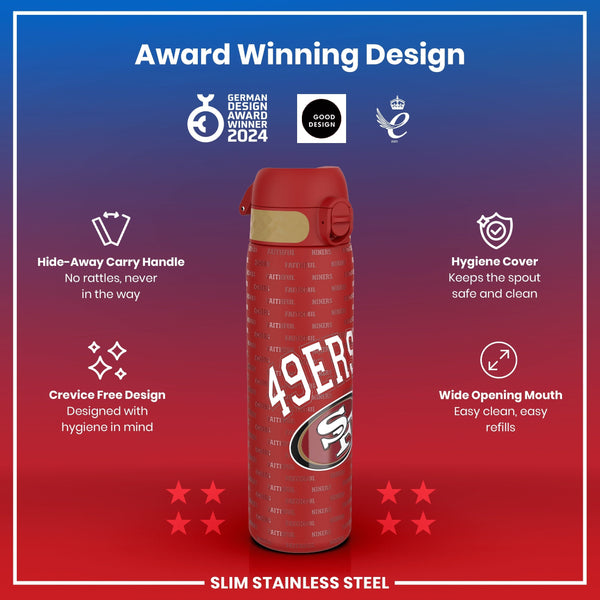 A red, stainless steel water bottle, displaying the San Francisco 49ers logo, sits against a gradient background. It features a hide-away handle, crevice-free design, hygiene cover, and a wide mouth. Award logos are displayed.
