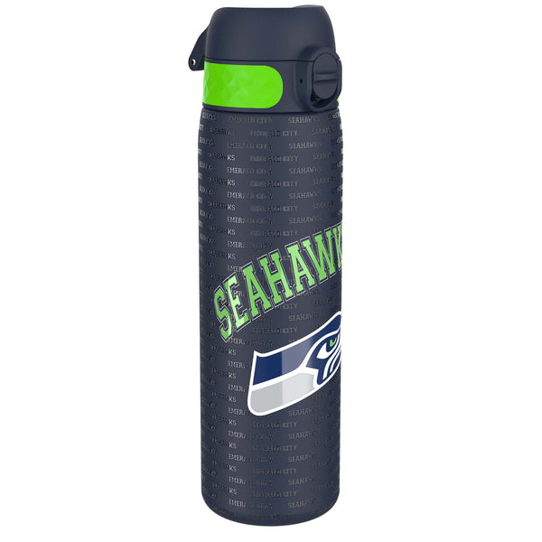 A dark-blue water bottle, displaying repeated "Seahawks Emerald City" text and a Seahawks logo, stands against a white background.
