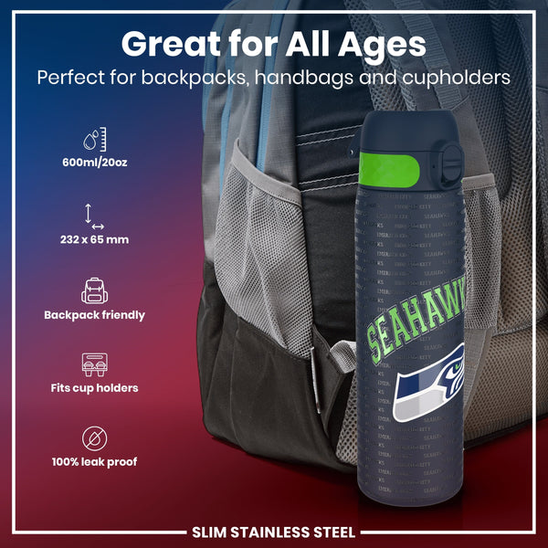 A slim stainless steel water bottle, adorned with repeated team logos, rests in a backpack's mesh pocket. It is 600ml/20oz, measures 232 x 65 mm, and is designed for backpacks, handbags, and cup holders. It's 100% leak-proof.