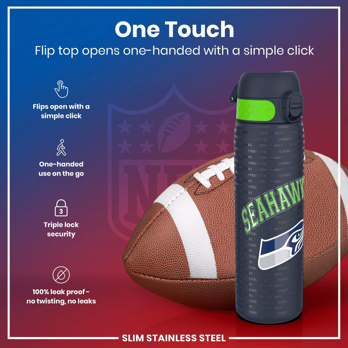 A slim stainless steel water bottle, featuring a flip top that opens one-handedly, rests near a football. The bottle is decorated with repeated "Seahawks" and "Emerald City" text.