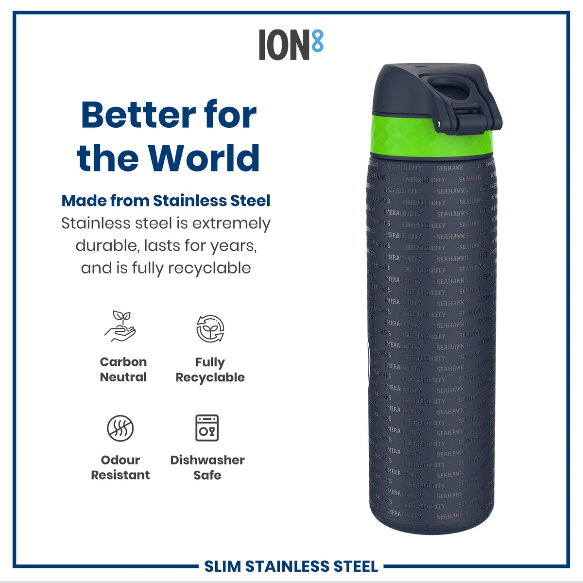 A stainless steel water bottle sits against a white background. The bottle is dark gray with a lime green band and features embossed text. Marketing materials highlight its durability, recyclability, and other features.