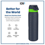 A stainless steel water bottle sits against a white background. The bottle is dark gray with a lime green band and features embossed text. Marketing materials highlight its durability, recyclability, and other features.