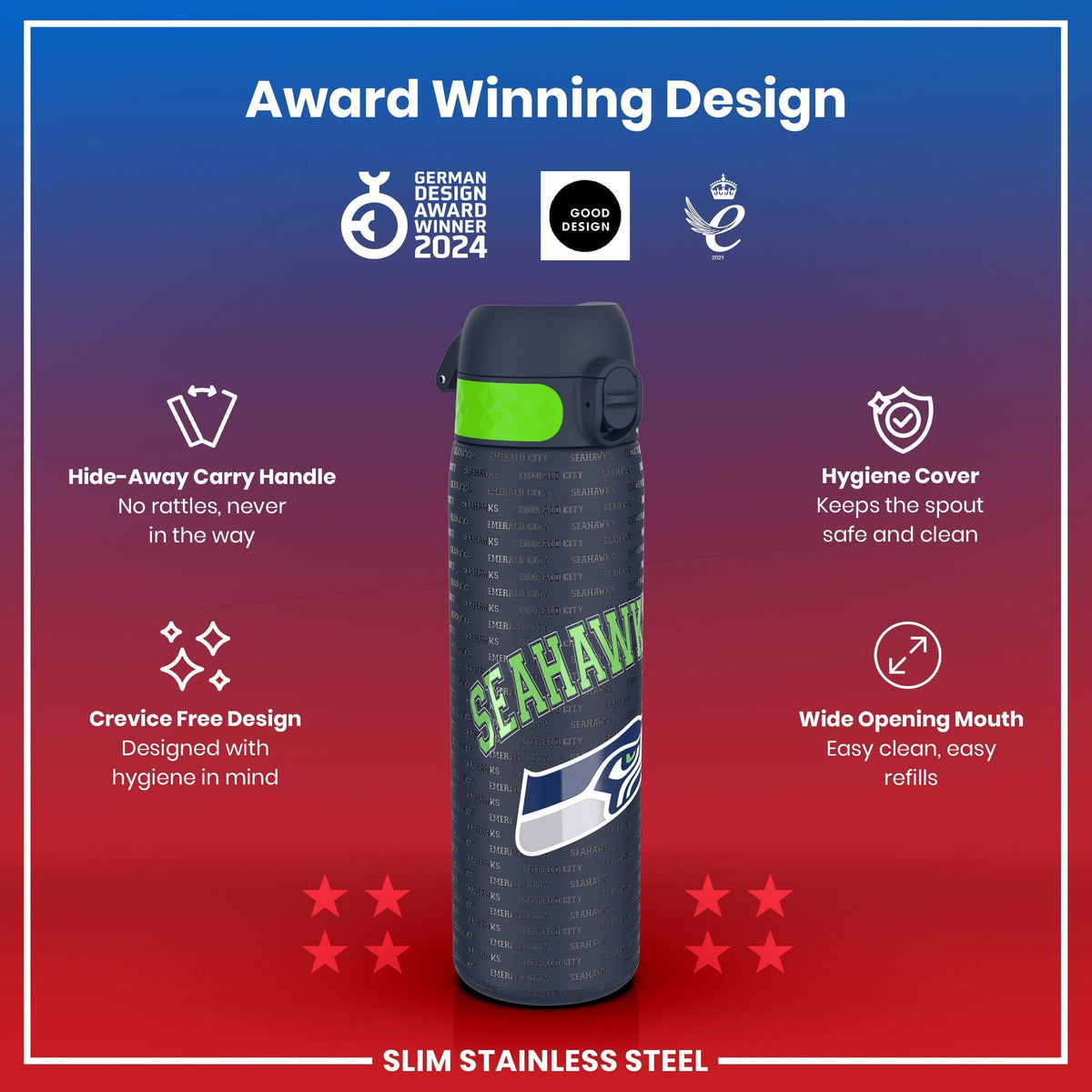 A stainless steel water bottle, featuring a Seahawks design, sits centrally. It displays a hide-away handle and a wide mouth for easy cleaning. The bottle is shown against a red and blue background, highlighting its award-winning design.