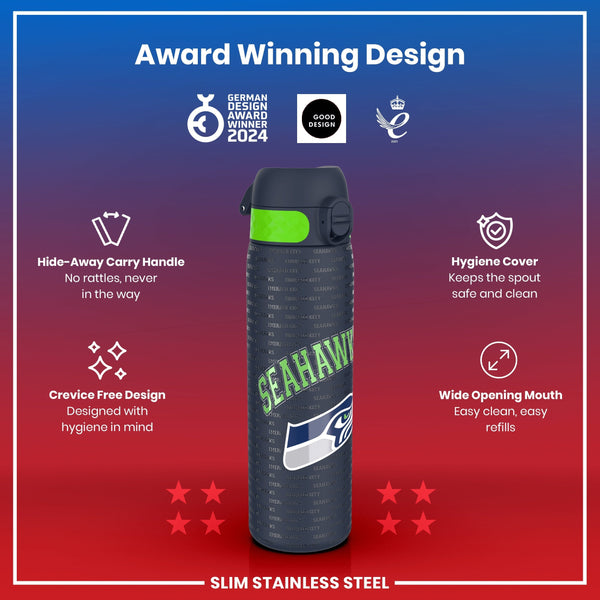 A stainless steel water bottle, featuring a Seahawks design, sits centrally. It displays a hide-away handle and a wide mouth for easy cleaning. The bottle is shown against a red and blue background, highlighting its award-winning design.