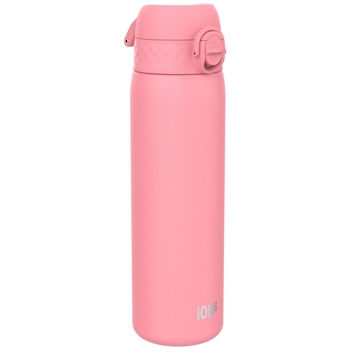 A pink ION8 water bottle stands against a white background. The bottle is cylindrical with a flip-top lid.