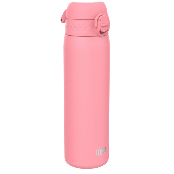 A pink ION8 water bottle stands against a white background. The bottle is cylindrical with a flip-top lid.