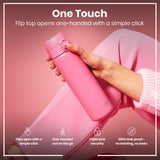 A pink ION8 water bottle is held; its flip top opens one-handed. The bottle is showcased against a pink background; features include one-handed operation, triple lock security, and a leakproof design.