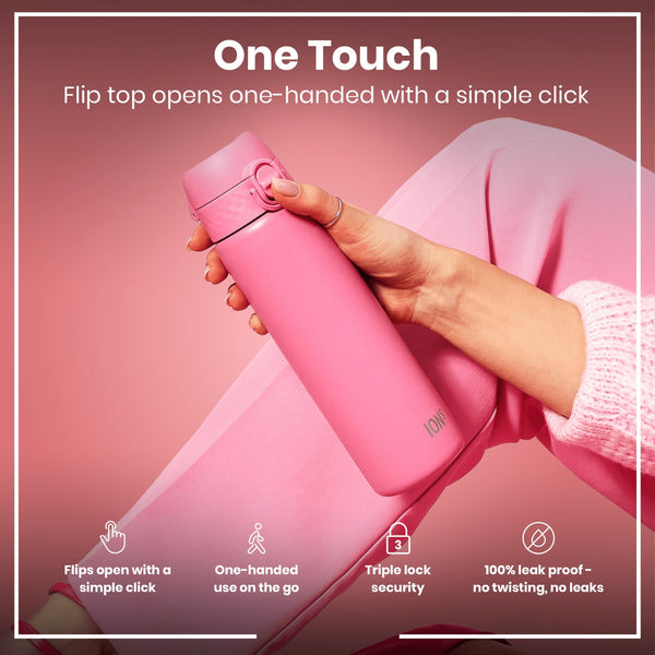 A pink ION8 water bottle is held; its flip top opens one-handed. The bottle is showcased against a pink background; features include one-handed operation, triple lock security, and a leakproof design.