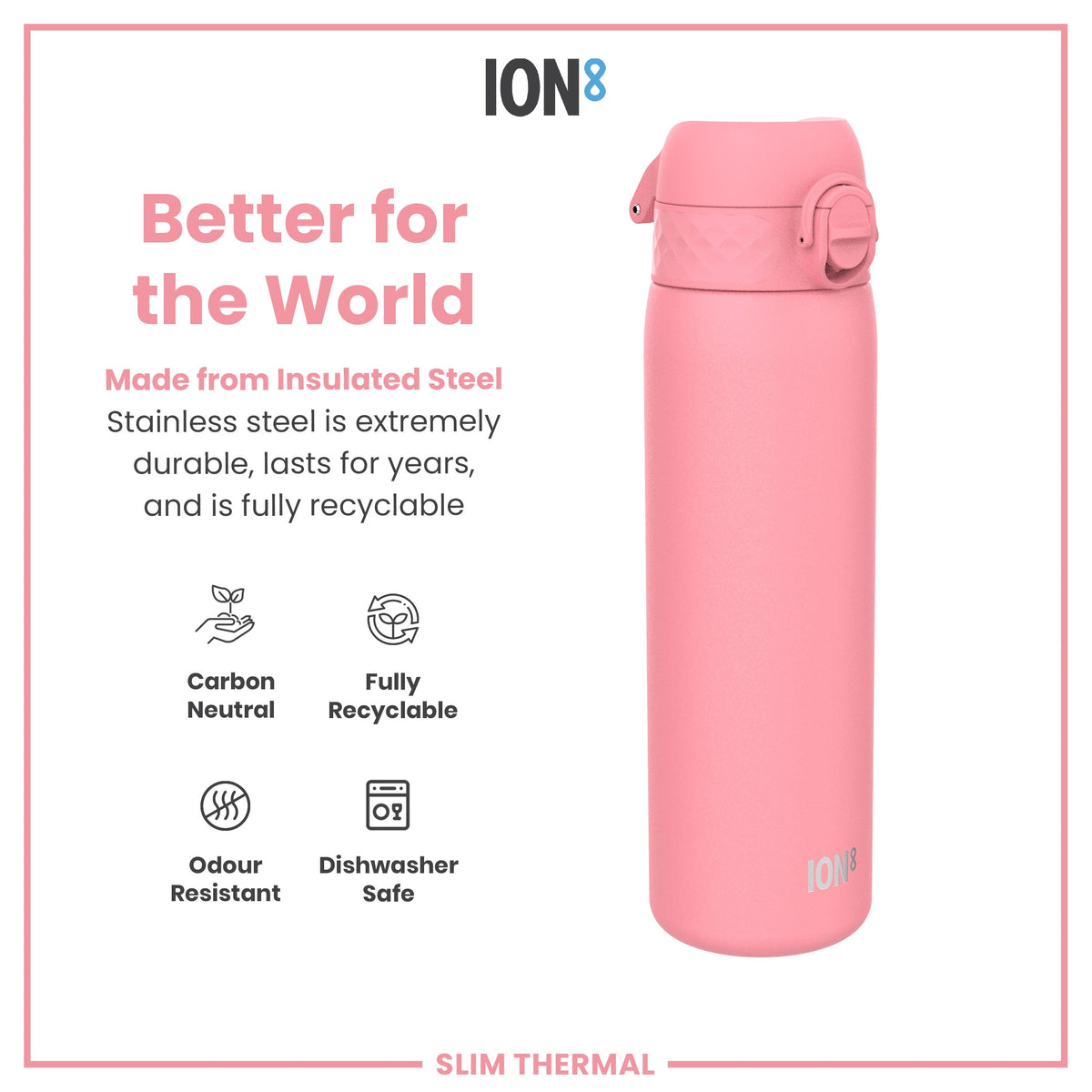 A pink, insulated stainless steel water bottle sits on a white background. The bottle is described as better for the world, carbon neutral, fully recyclable, odour resistant, and dishwasher safe. The brand name "ION8" is displayed.