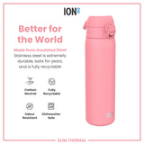 A pink, insulated stainless steel water bottle sits on a white background. The bottle is described as better for the world, carbon neutral, fully recyclable, odour resistant, and dishwasher safe. The brand name 