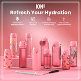 Pink water bottles, varying in size and design, are displayed on a pink surface. Some bottles feature animal or ice cream prints. Accompanying text promotes ION8 hydration products and accessories.