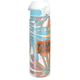 A water bottle sits against a white background. It features a light-blue lid and a tropical-leaf design with “MIAMI DOLPHINS” printed on it.
