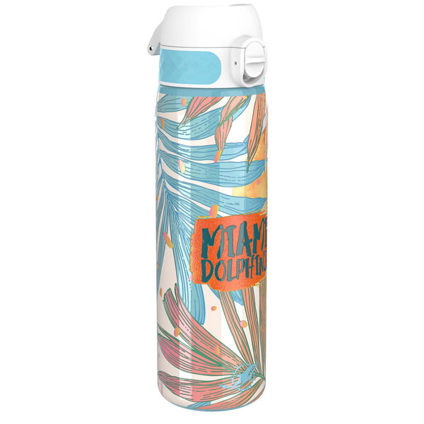 A water bottle sits against a white background. It features a light-blue lid and a tropical-leaf design with “MIAMI DOLPHINS” printed on it.