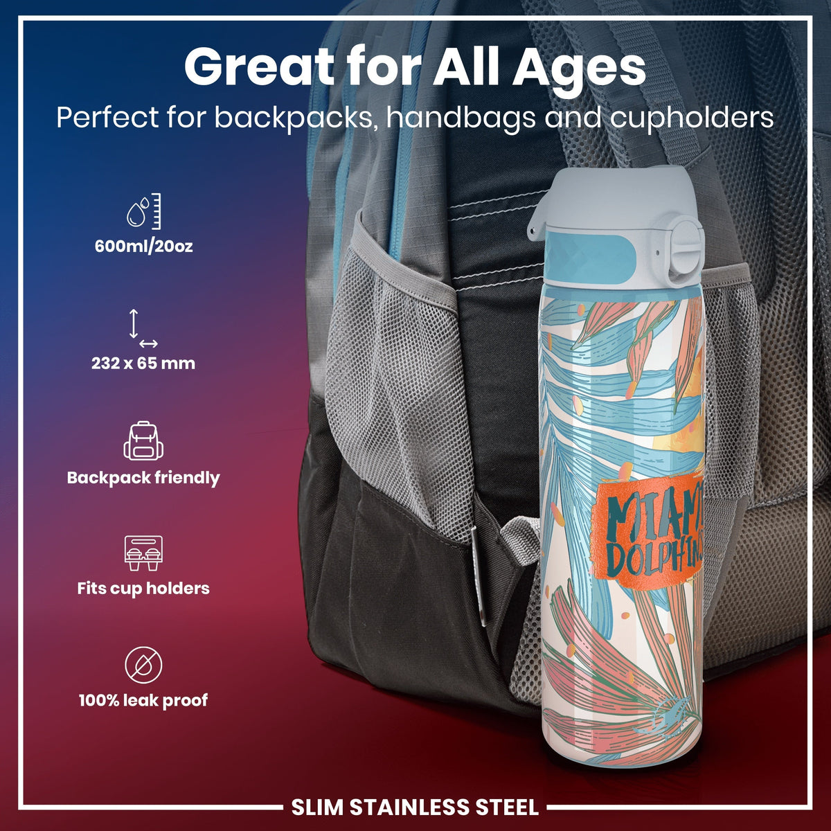 A slim stainless steel water bottle, featuring a tropical print and "Miami Dolphins" text, rests in a backpack's side pocket.