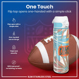 A water bottle, featuring a flip top that opens one-handed, rests next to an American football. The bottle is slim, stainless steel, leakproof, and has a triple lock security. It is decorated with a Miami Dolphins design.