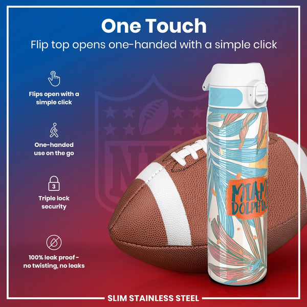 A water bottle, featuring a flip top that opens one-handed, rests next to an American football. The bottle is slim, stainless steel, leakproof, and has a triple lock security. It is decorated with a Miami Dolphins design.