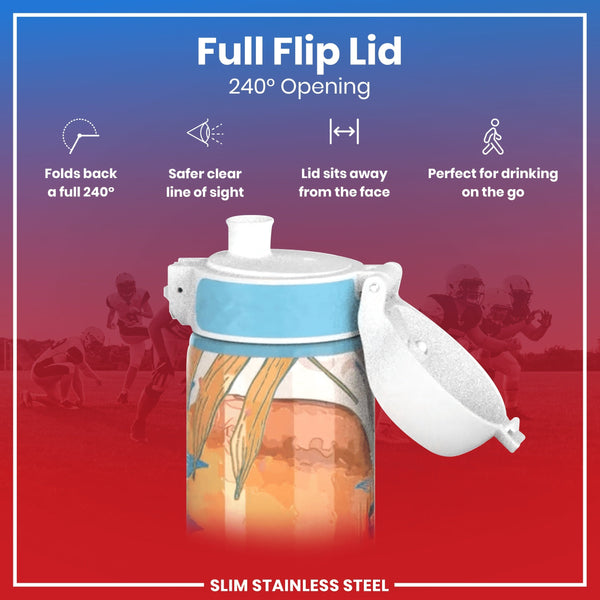 A slim stainless steel water bottle with a flip lid opens 240 degrees, away from the face, for convenient on-the-go drinking; shown against a blurred background of football players.