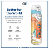 A stainless steel water bottle, featuring a colorful design and flip top, sits against a white background. The bottle is described as carbon neutral, fully recyclable, odour resistant, and dishwasher safe. 