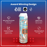 A slim stainless steel water bottle, featuring a tropical design, is shown. It has a hide-away handle, crevice-free design, hygiene cover, and wide mouth. Award logos are displayed.