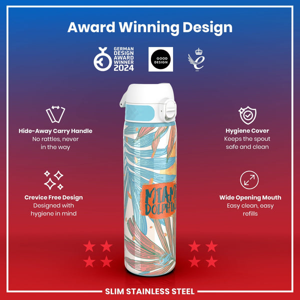 A slim stainless steel water bottle, featuring a tropical design, is shown. It has a hide-away handle, crevice-free design, hygiene cover, and wide mouth. Award logos are displayed.