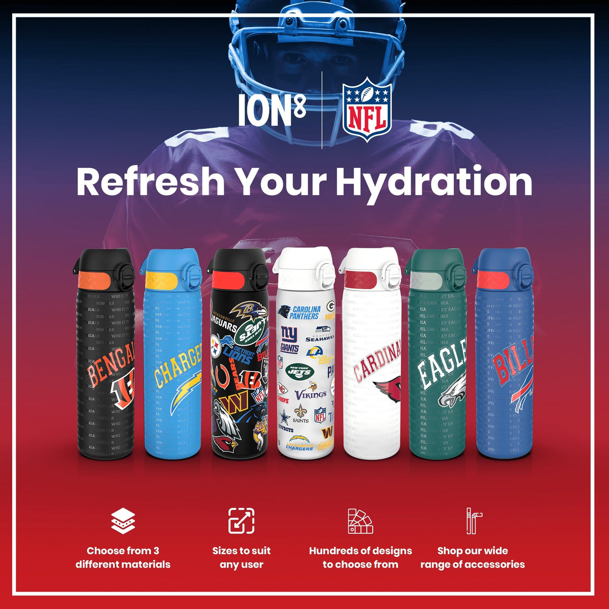 Six water bottles, displaying various NFL team logos, are arranged. They are shown on a red background. Choose from 3 different materials, sizes to suit any user, hundreds of designs to choose from, shop our wide range of accessories.