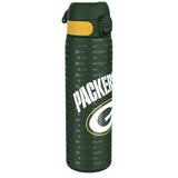 A dark-green water bottle, featuring the Green Bay Packers logo and 