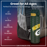A slim stainless steel water bottle, fitting in a backpack pocket, is shown. It's 232 x 65 mm, holds 600ml/20oz, and is 100% leak proof. The bottle is green with 