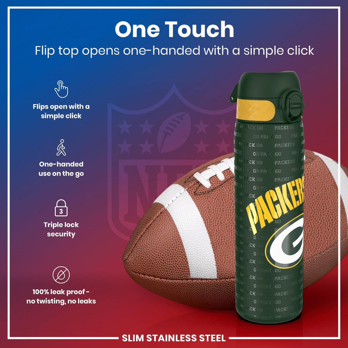 A Green Bay Packers-themed water bottle rests next to an American football. Its flip top opens one-handed. The bottle is slim and made of stainless steel.