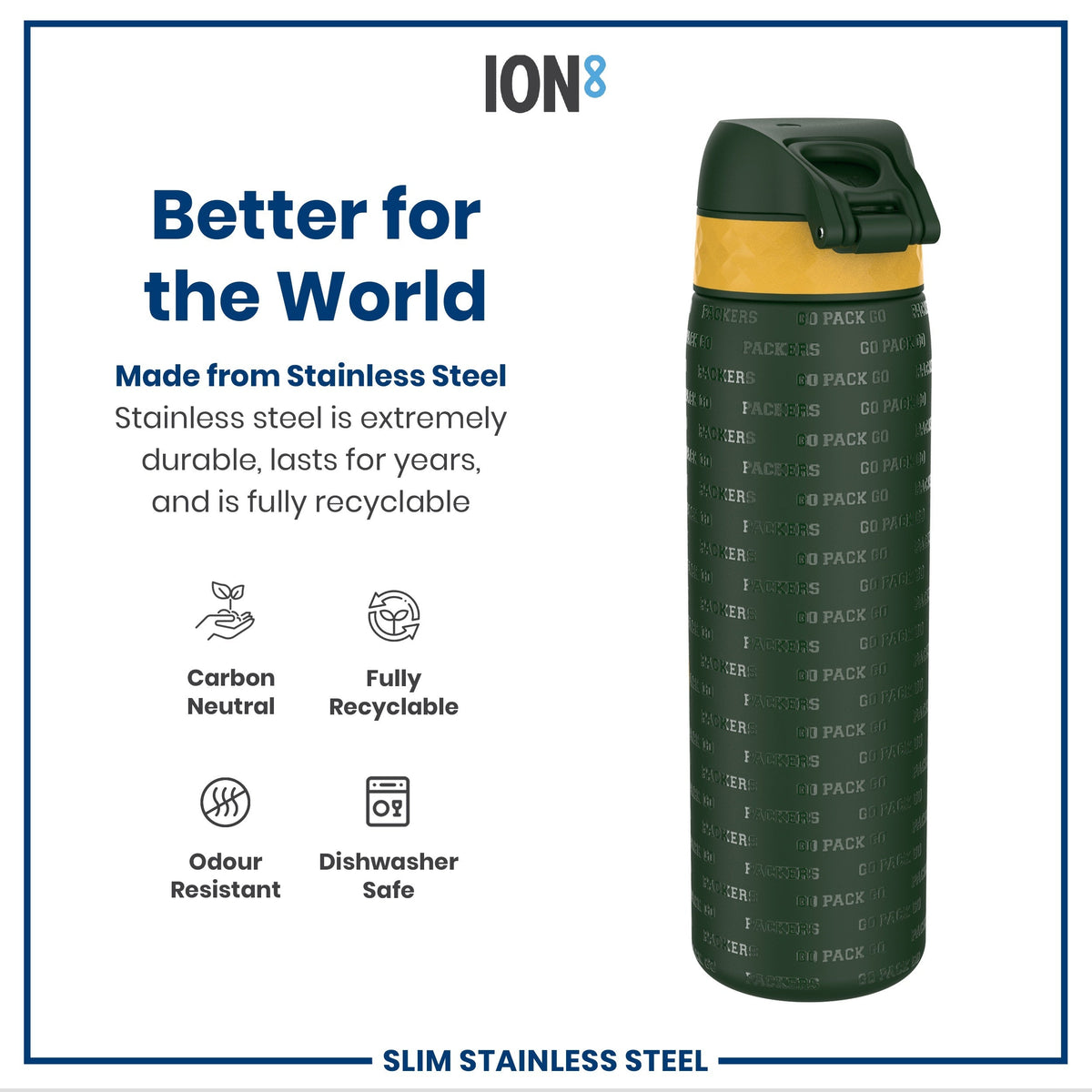 A stainless steel water bottle sits against a white background. It's dark green with a yellow band and "PACKERS" and "GO PACK GO" repeated on its surface. The bottle is described as durable, recyclable, and dishwasher safe.