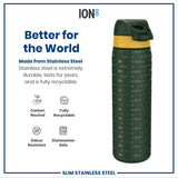 A stainless steel water bottle sits against a white background. It's dark green with a yellow band and 
