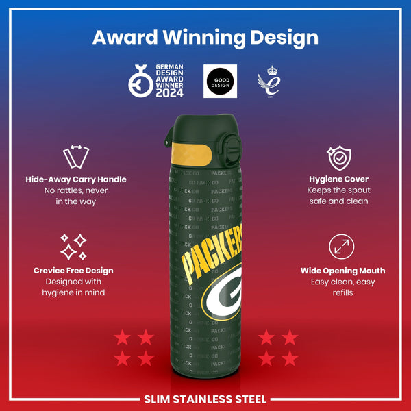 A slim stainless steel water bottle, displaying the Green Bay Packers logo, sits against a gradient background. Award logos are shown. Features include a hide-away handle, crevice-free design, hygiene cover, and wide mouth. "Award Winning Design," "GERMAN DESIGN AWARD WINNER 2024," "GOOD DESIGN," and "2021" are also present.