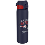 A dark-blue water bottle stands upright against a white background. The bottle features a red and dark-blue lid and “NEW ENGLAND PATRIOTS” printed on the side, along with a stylized football and “FOOTBALL East Coast.”