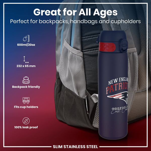 A navy blue, slim stainless steel water bottle, featuring the New England Patriots logo, sits in a backpack pocket. It's 600ml/20oz, 232 x 65 mm, backpack and cupholder friendly, and 100% leak proof.