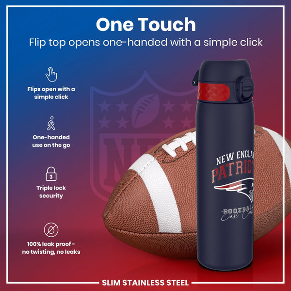 A dark-blue, slim stainless steel water bottle, featuring New England Patriots branding, rests against an American football. Its flip top opens one-handed with a simple click. The bottle is 100% leak-proof and offers triple lock security.
