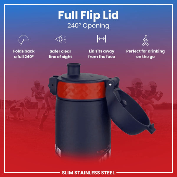 A dark-blue, slim stainless steel water bottle with a red accent on its lid, features a full flip lid that opens 240 degrees, allowing for a safer, clearer line of sight while drinking on the go; the lid sits away from the face.
