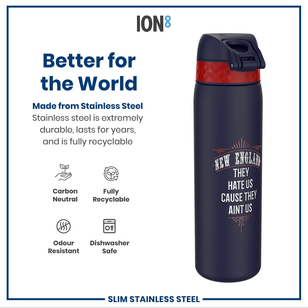A navy blue stainless steel water bottle, displaying "New England. They hate us cause they aint us. 1960", sits on a white background, surrounded by marketing text highlighting its eco-friendly and durable nature.