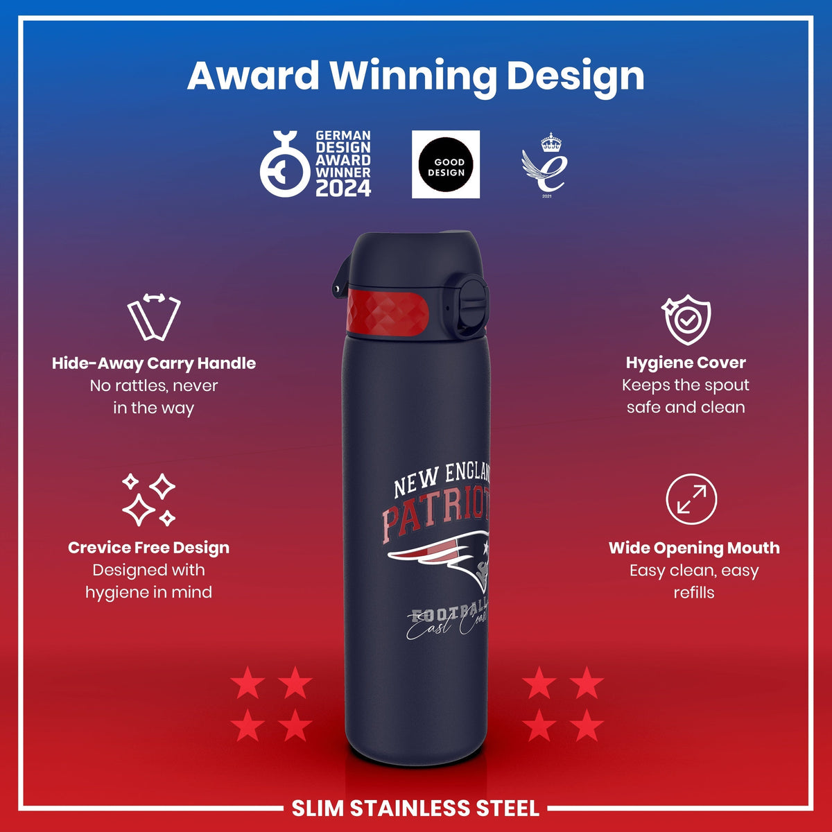 A navy blue and red slim stainless steel water bottle, featuring a New England Patriots design, is shown against a red and blue gradient background; it includes several highlighted features.