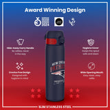 A navy blue and red slim stainless steel water bottle, featuring a New England Patriots design, is shown against a red and blue gradient background; it includes several highlighted features.