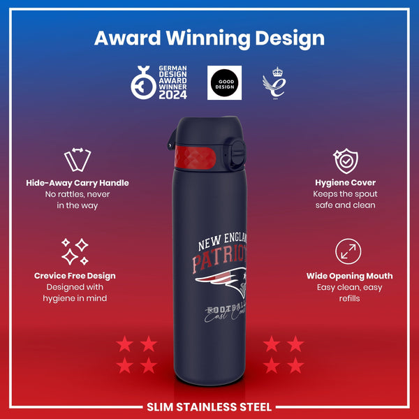 A navy blue and red slim stainless steel water bottle, featuring a New England Patriots design, is shown against a red and blue gradient background; it includes several highlighted features.