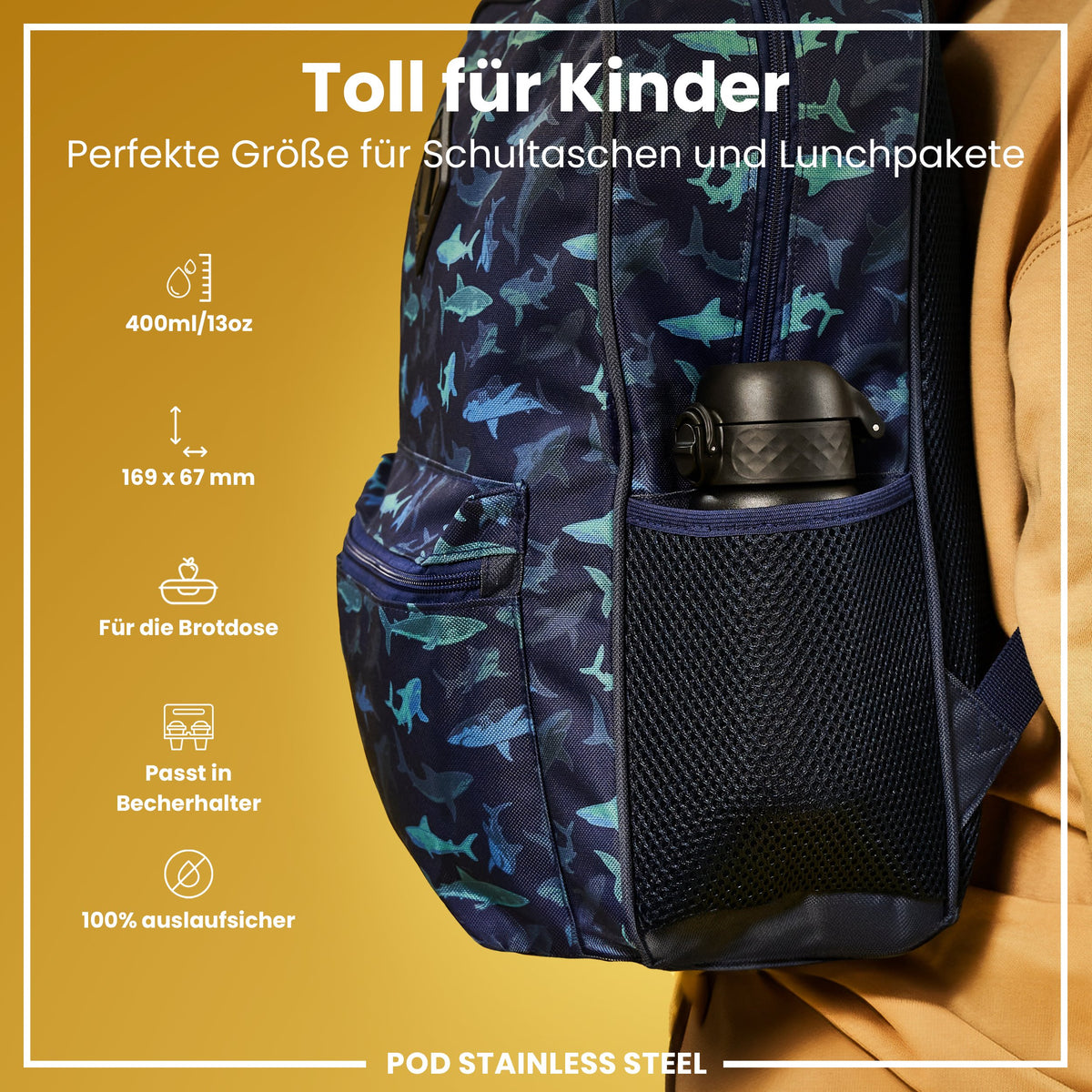 Leichte Edelstahl-Trinkflasche, Schwarz, 400 ml