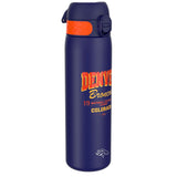A dark-blue water bottle stands against a white background. It features an orange top and Denver Broncos branding, including 