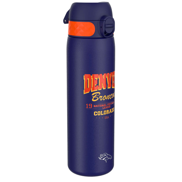 A dark-blue water bottle stands against a white background. It features an orange top and Denver Broncos branding, including "DENVER Broncos," "19 NATIONAL FOOTBALL LEAGUE," "COLORADO," and "USA."