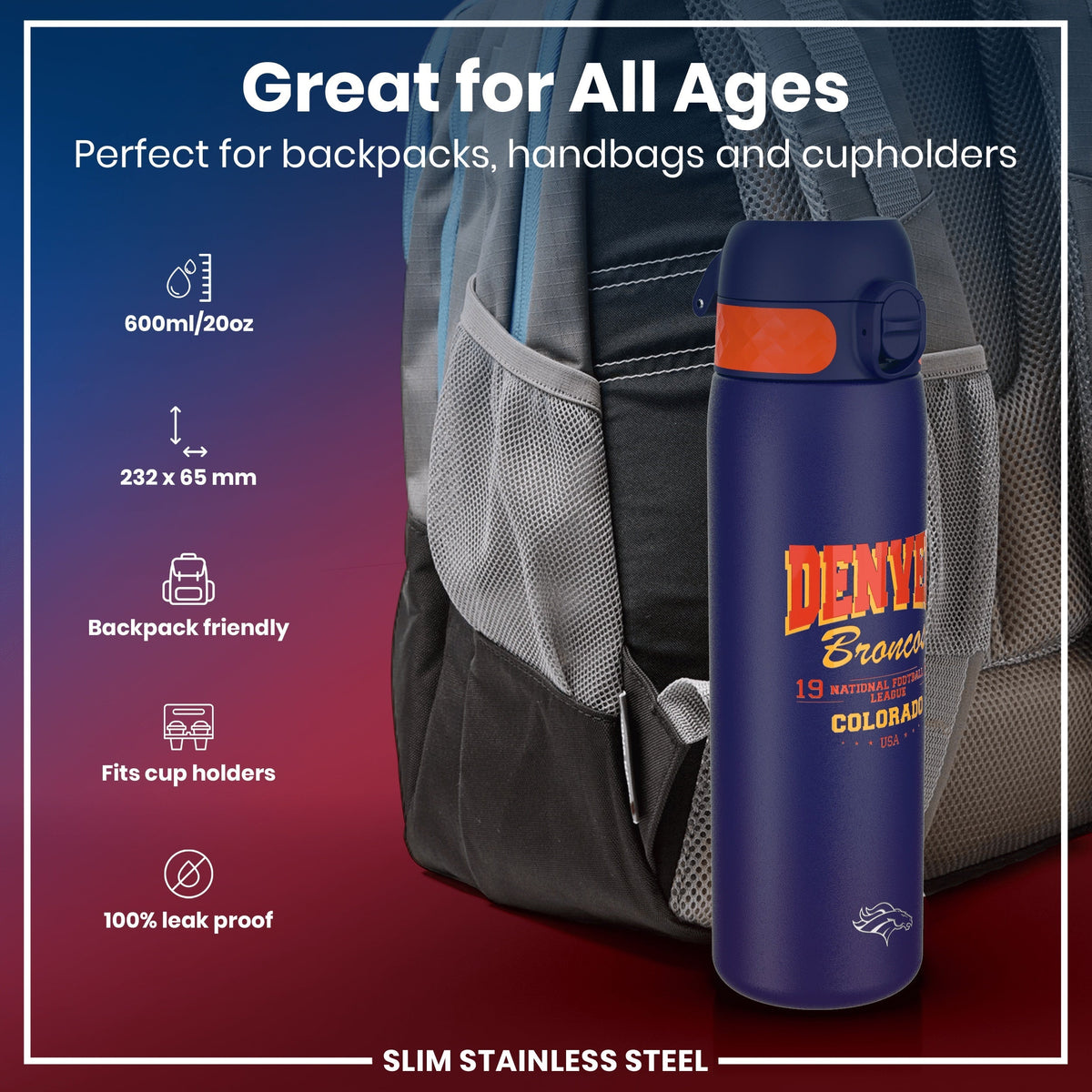 A blue, 600ml/20oz water bottle with Denver Broncos branding rests in a backpack's side pocket. It's 232 x 65 mm, backpack and cup holder friendly, and 100% leak proof.