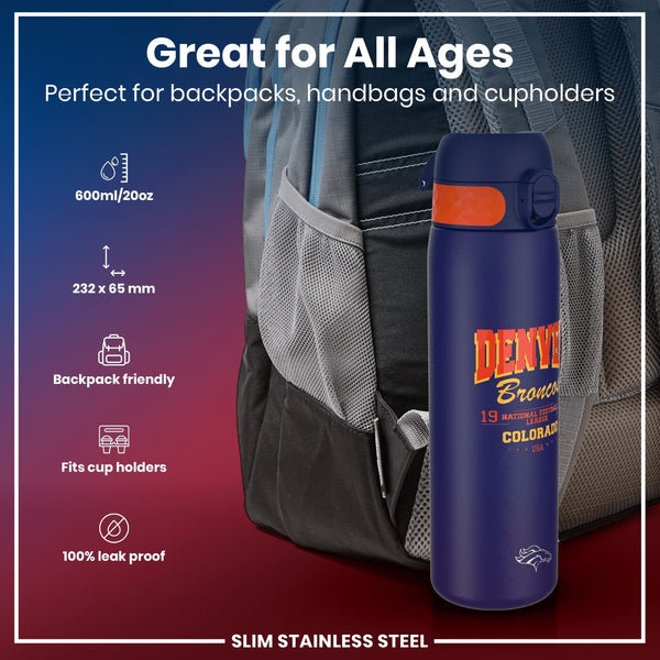 A blue, 600ml/20oz water bottle with Denver Broncos branding rests in a backpack's side pocket. It's 232 x 65 mm, backpack and cup holder friendly, and 100% leak proof.